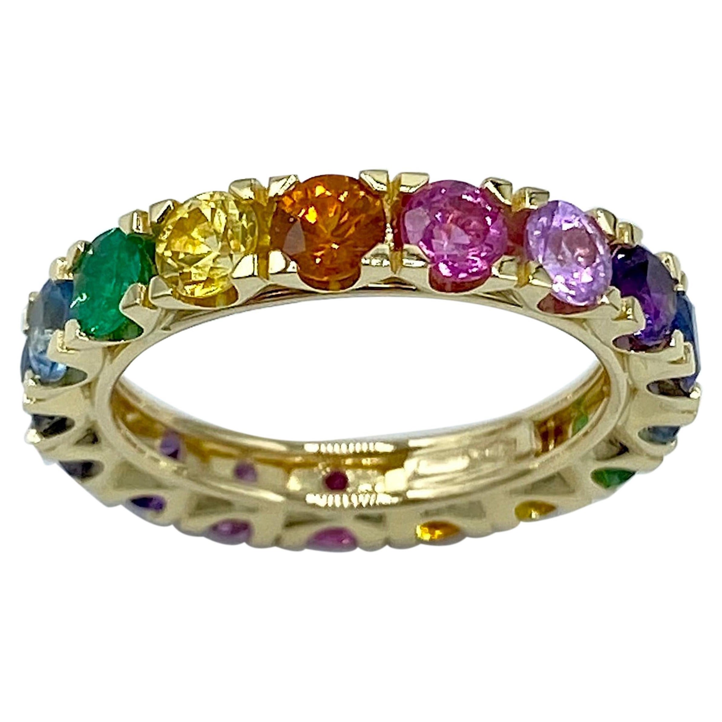 Rainbow Sapphire Emerald Semiprecious Stone Made in Italy 18 Karat Gold Ring 