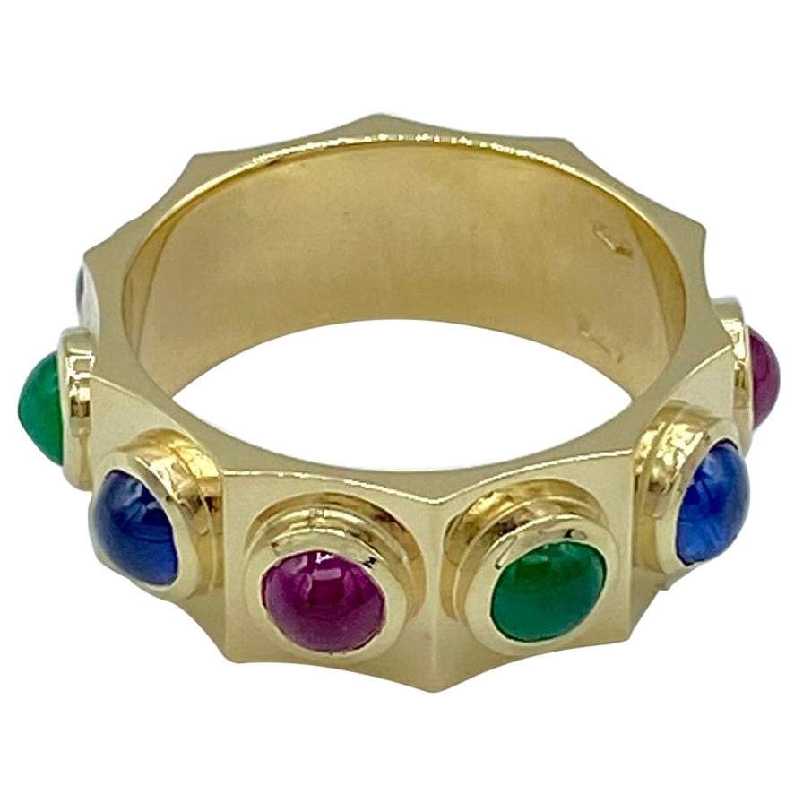 18KT Yellow Gold Band Ring Cabochon Sapphire Emerald Ruby Made in Italy For Sale