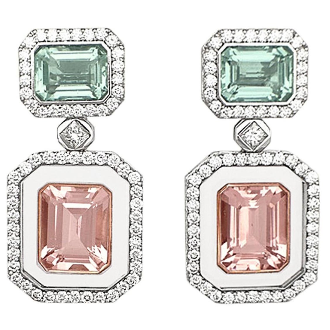 Morganite Green Beryl Diamond 18Kt Gold Rock Crystal Earrings and Jewelry Box For Sale