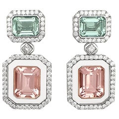 Morganite Green Beryl Diamond 18Kt Gold Rock Crystal Earrings and Jewelry Box