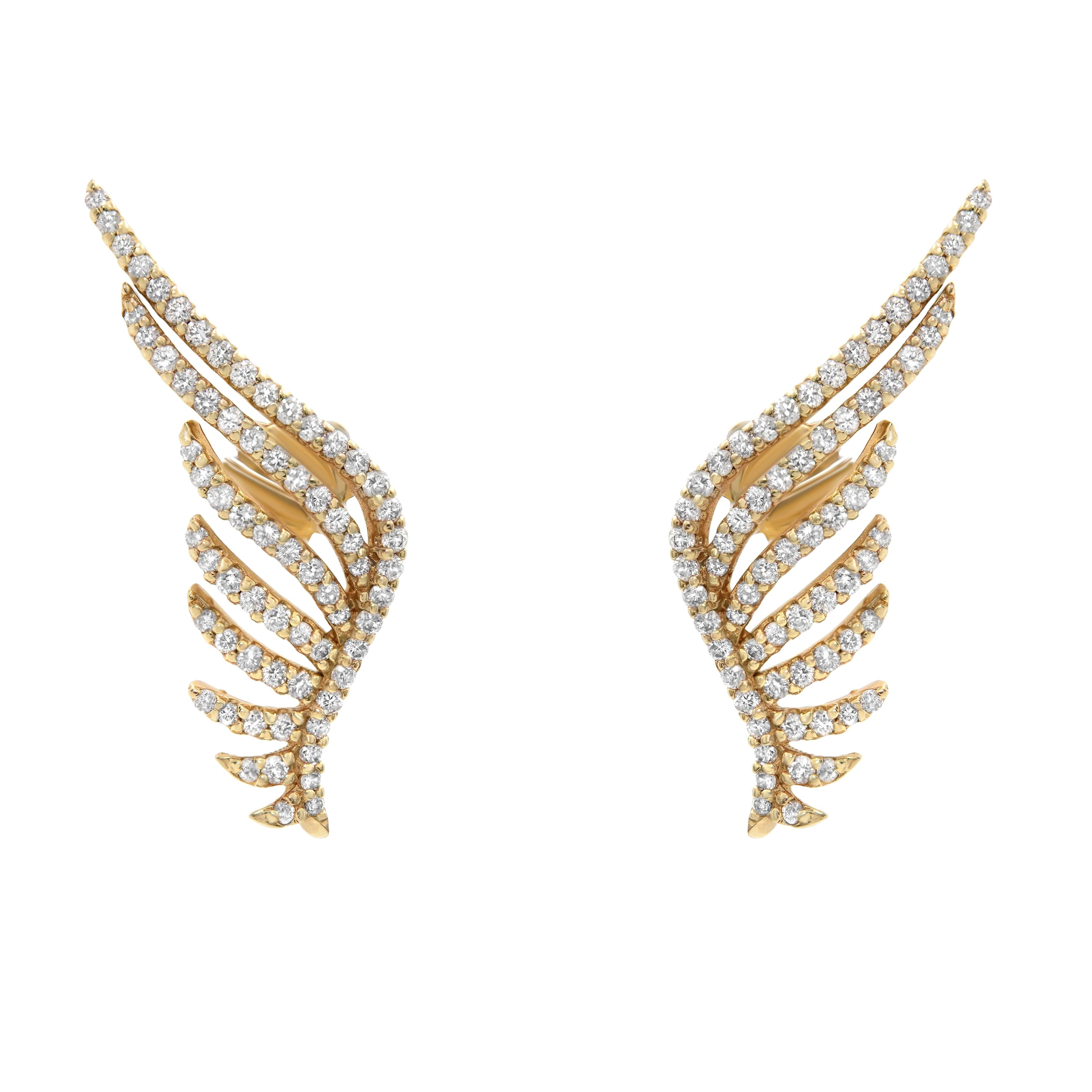 Rachel Koen 14K Yellow Gold Diamond Angel Wing Earrings 1.39cttw For Sale