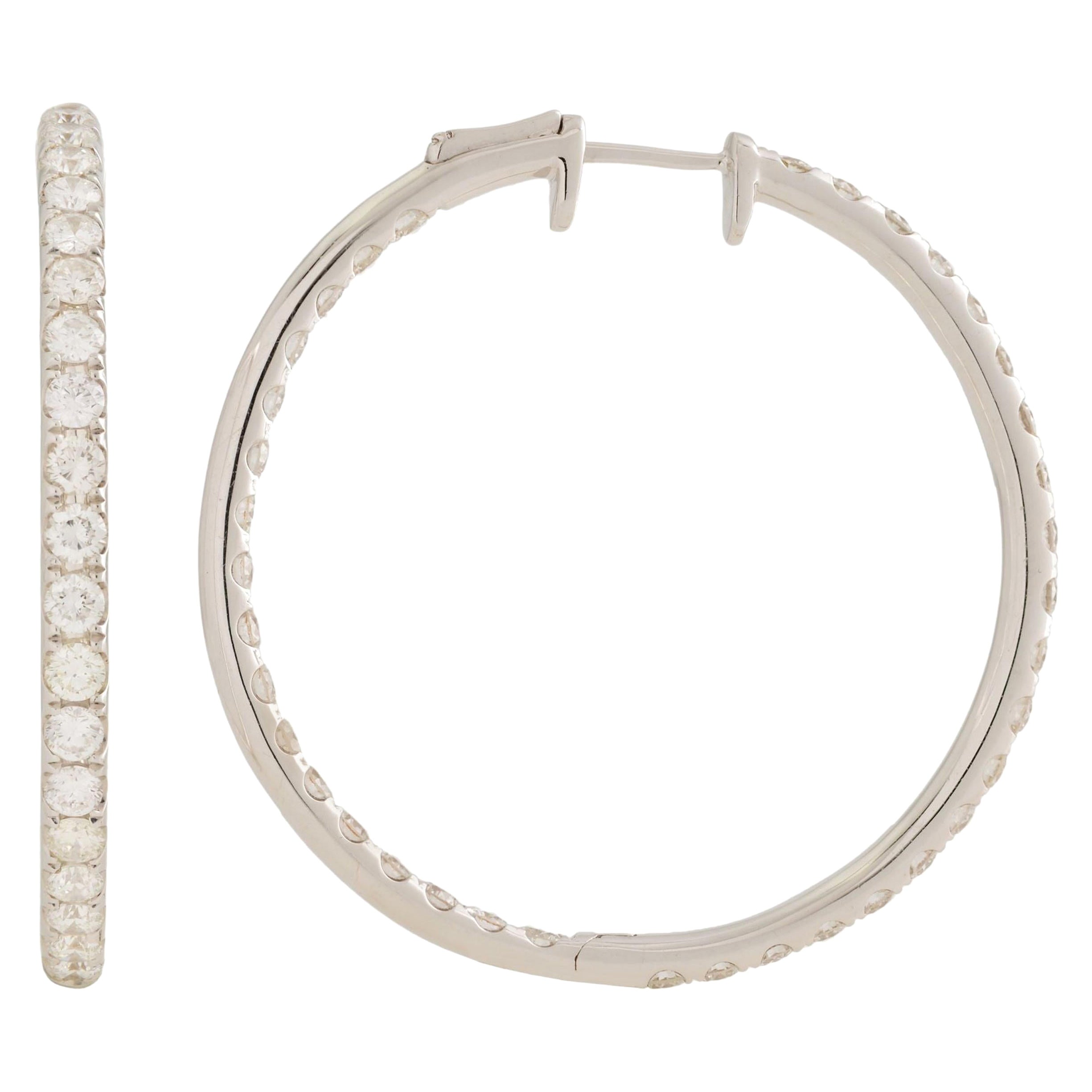 Rachel Koen 18 Karat White Gold Pave Diamond Small Hoop Earrings 3.50 Carat For Sale