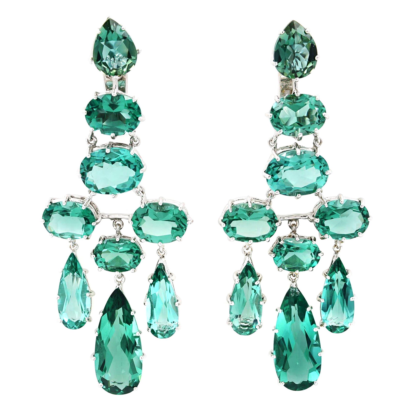 Rachel Koen Green Quartz Chandelier Drop Earrings 14K White Gold 24.82cttw For Sale