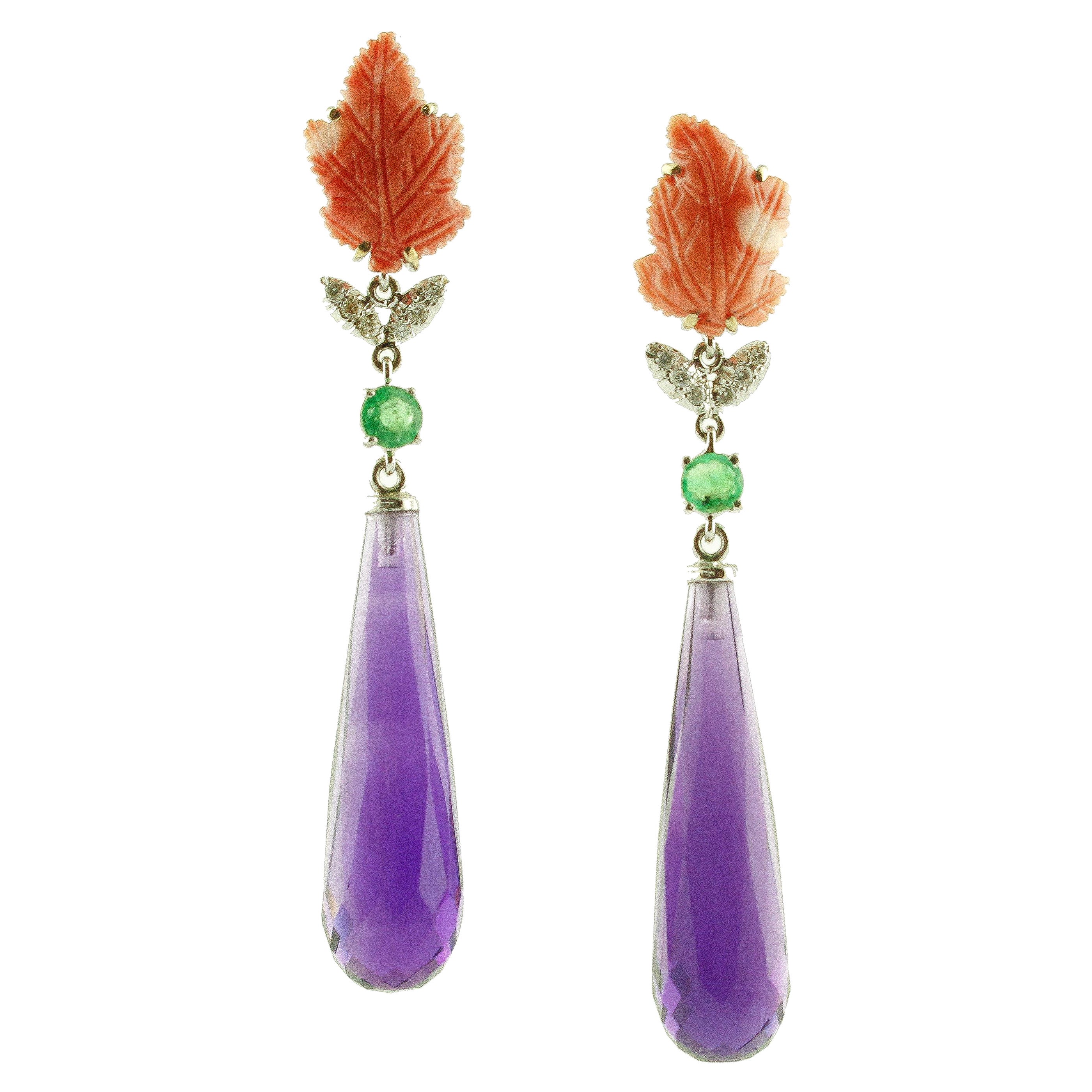Red Coral Leaves, Amethyst Drops, Emeralds, Diamonds, White Gold Drop Earrings For Sale