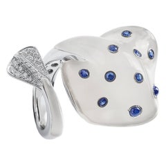 Ray Fish White Diamond Blue Sapphire Milky Quartz 18Kt Gold Ring Made in Italy