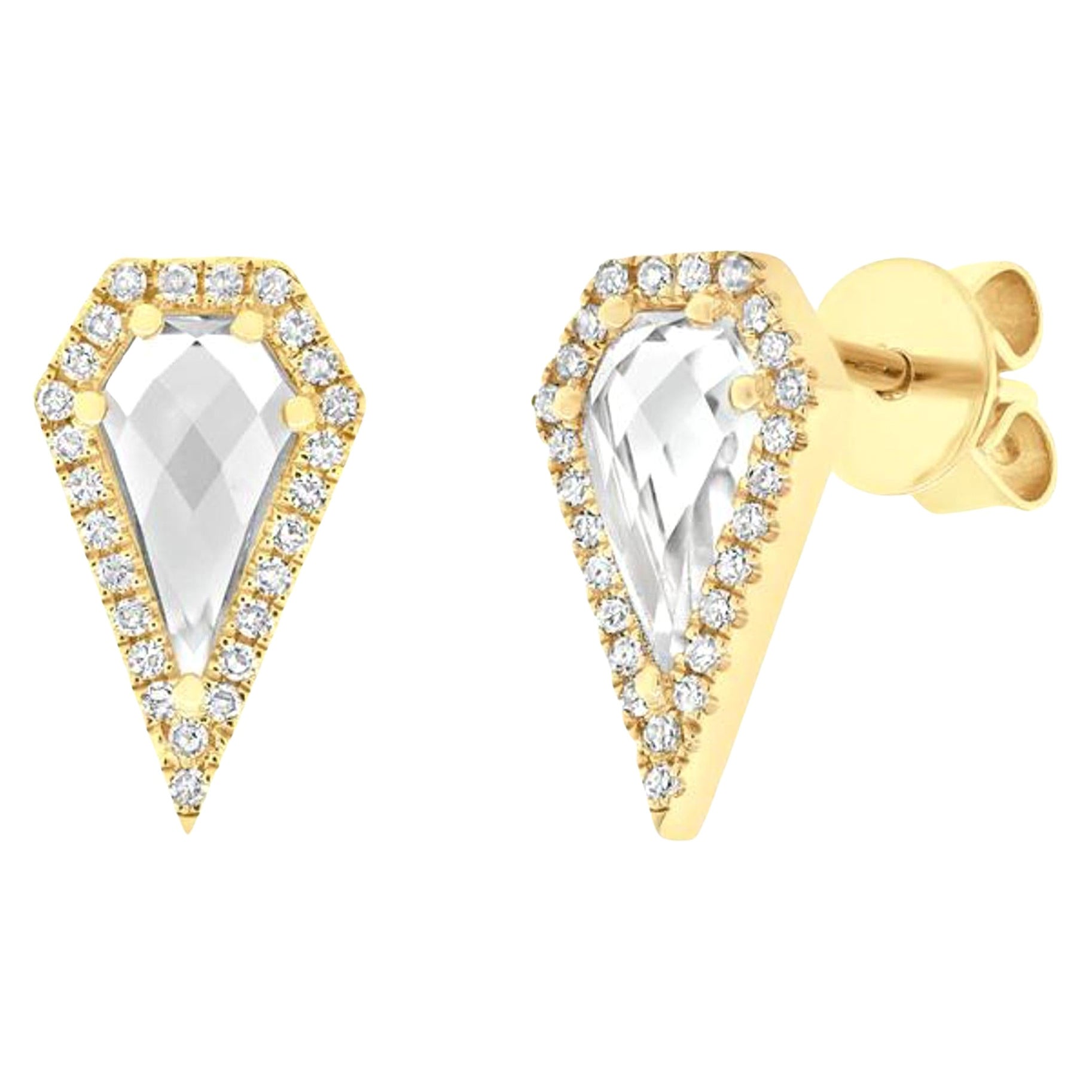 Pave Diamond 0.12cttw and White Topaz 1.20cttw Earrings 14K Yellow Gold For Sale