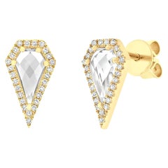 Pave Diamond 0.12cttw and White Topaz 1.20cttw Earrings 14K Yellow Gold