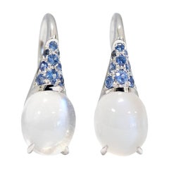 Gemstone Blue Sapphire Cabochon Moonstone 18 Kt White Gold Drop Hoop Earrings 