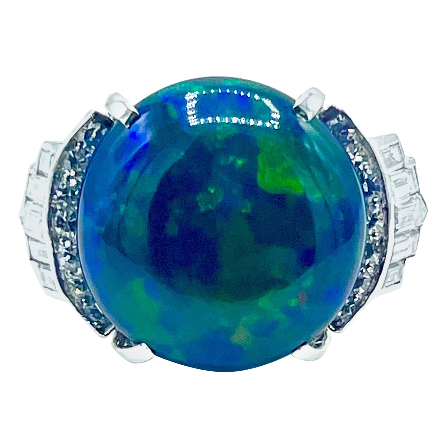 6.36 Carat Round Black Opal and Diamond Platinum Cocktail Ring For Sale