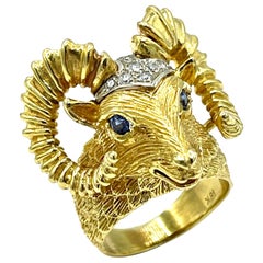 18K Yellow Gold Rams Head Ring with 0.14 Carats in Diamonds