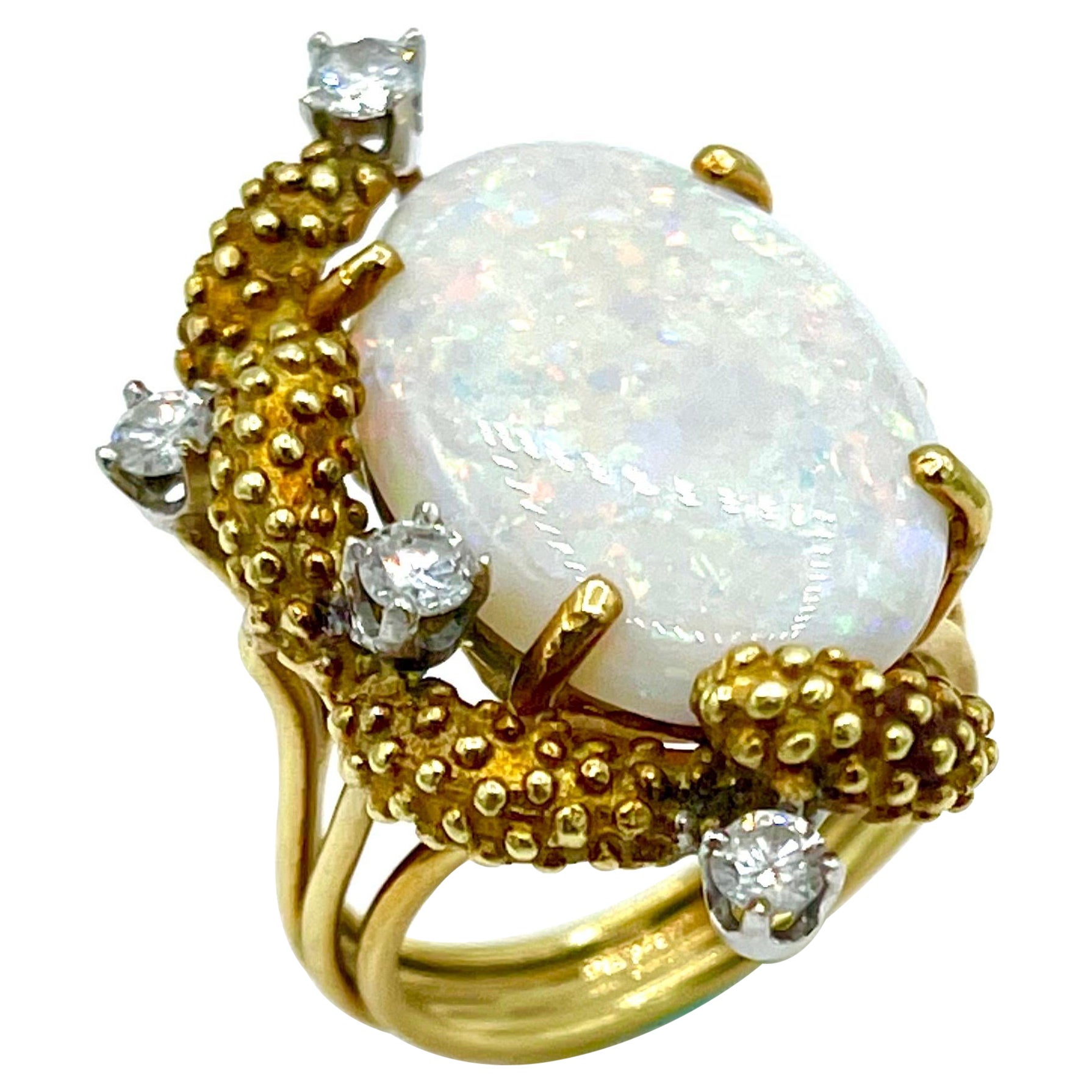 Cabochon White Opal and Diamond 18K Yellow Gold Cocktail Ring For Sale