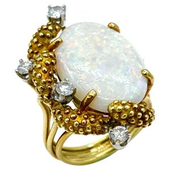 Cabochon White Opal and Diamond 18K Yellow Gold Cocktail Ring