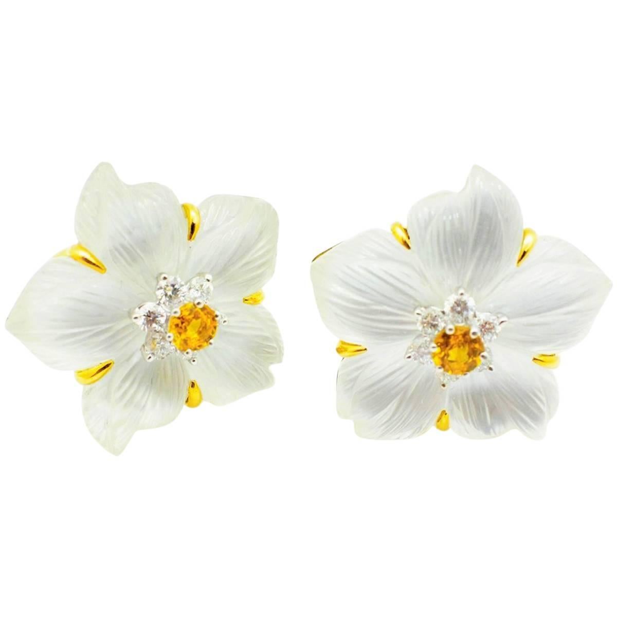 Seaman Schepps ​Rock Crystal Yellow Sapphire Gold ​Clematis Flower Earrings For Sale