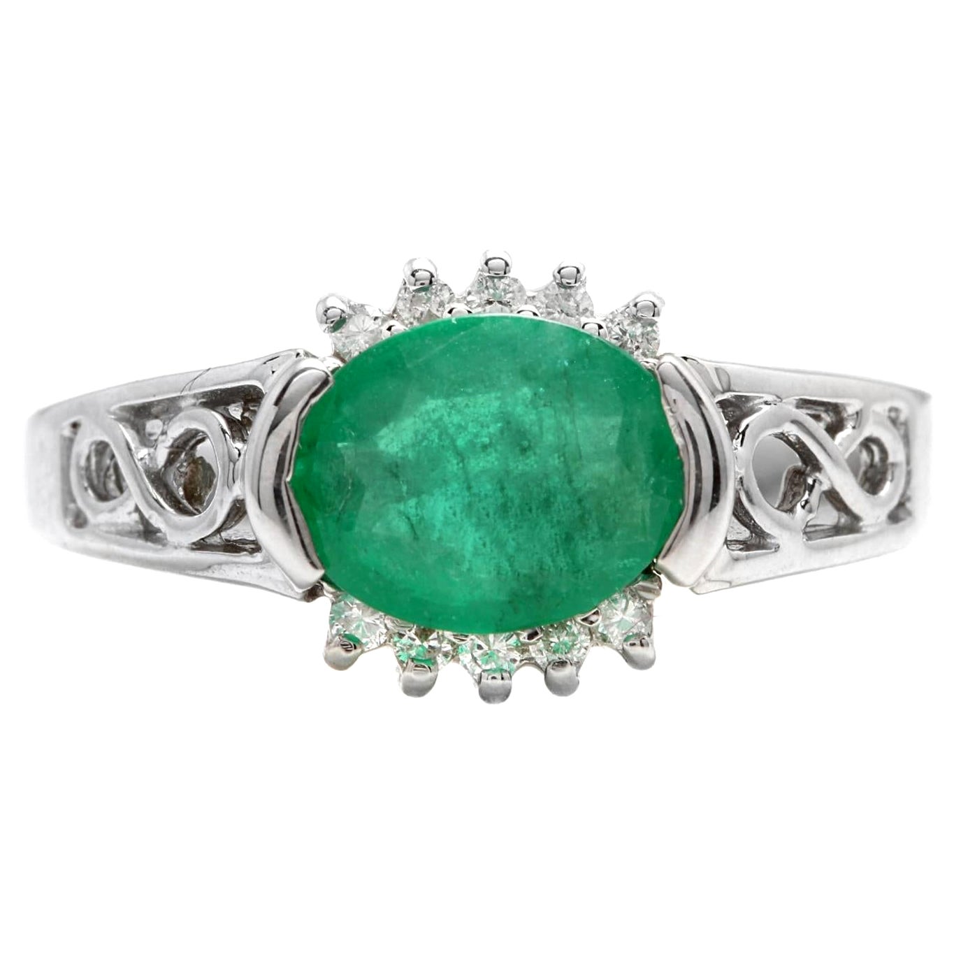 2.00 Carat Natural Emerald & Diamond 14k Solid White Gold Ring For Sale