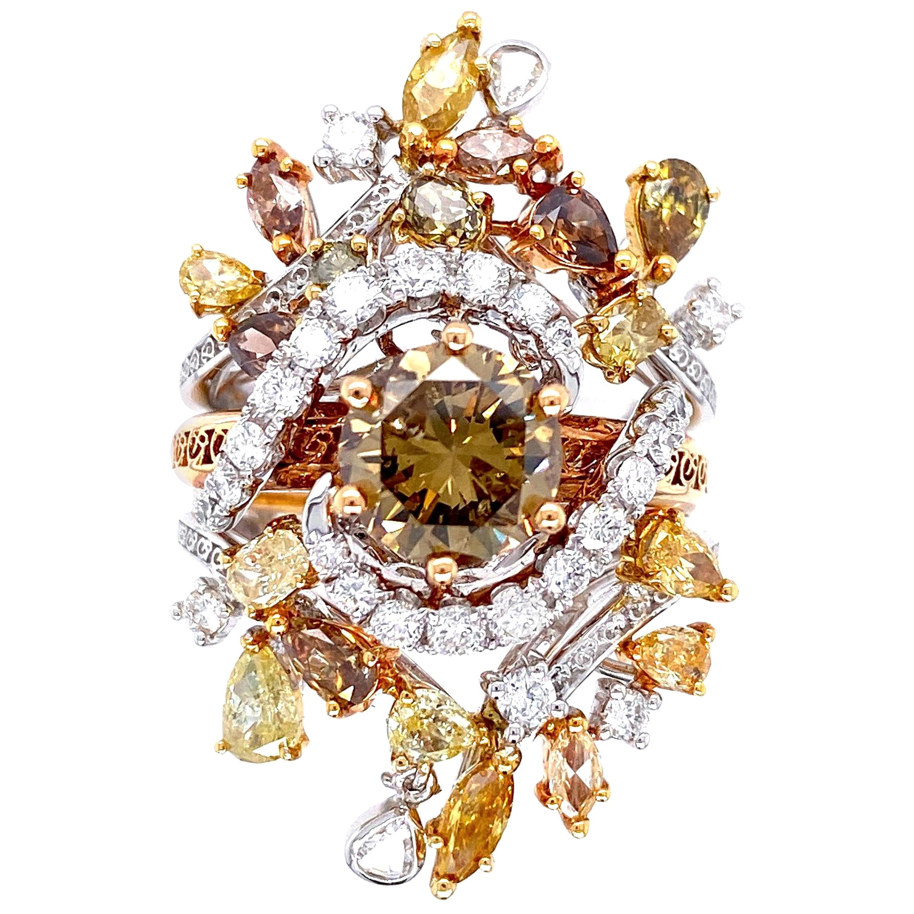 Dilys Bague transformable en or 18 carats avec diamant brun certifié de 3,57 carats