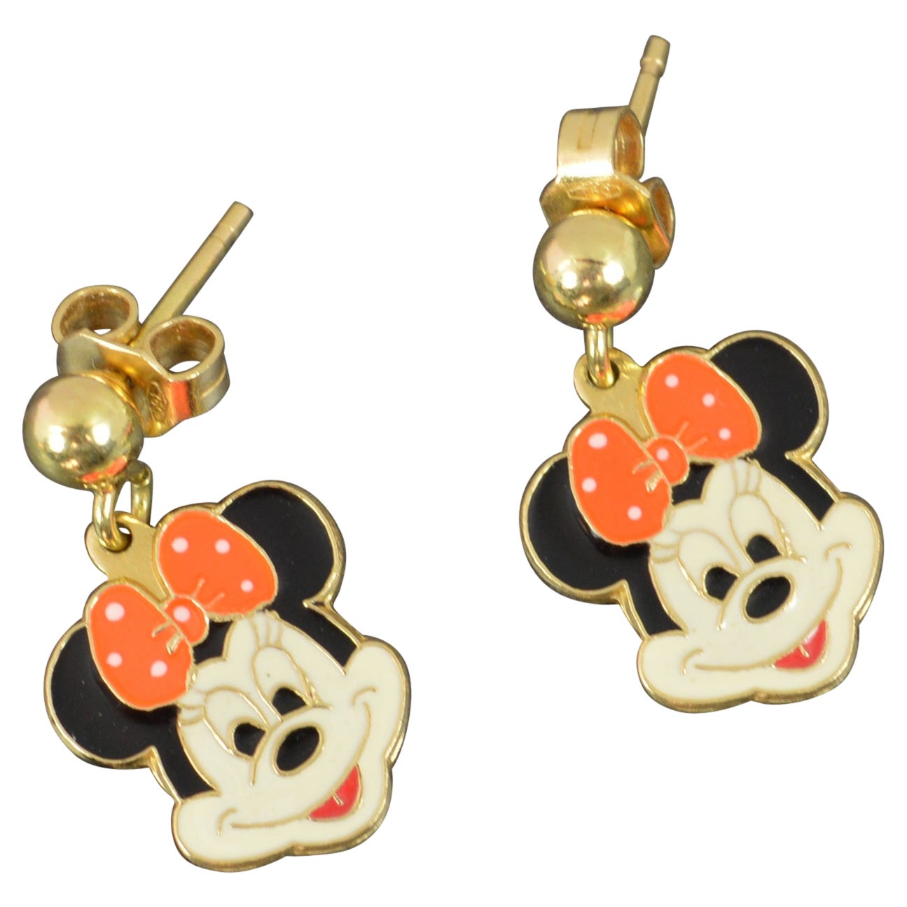 Rare Vintage 18ct Gold and Enamel Minnie Mouse Disney Earrings For Sale