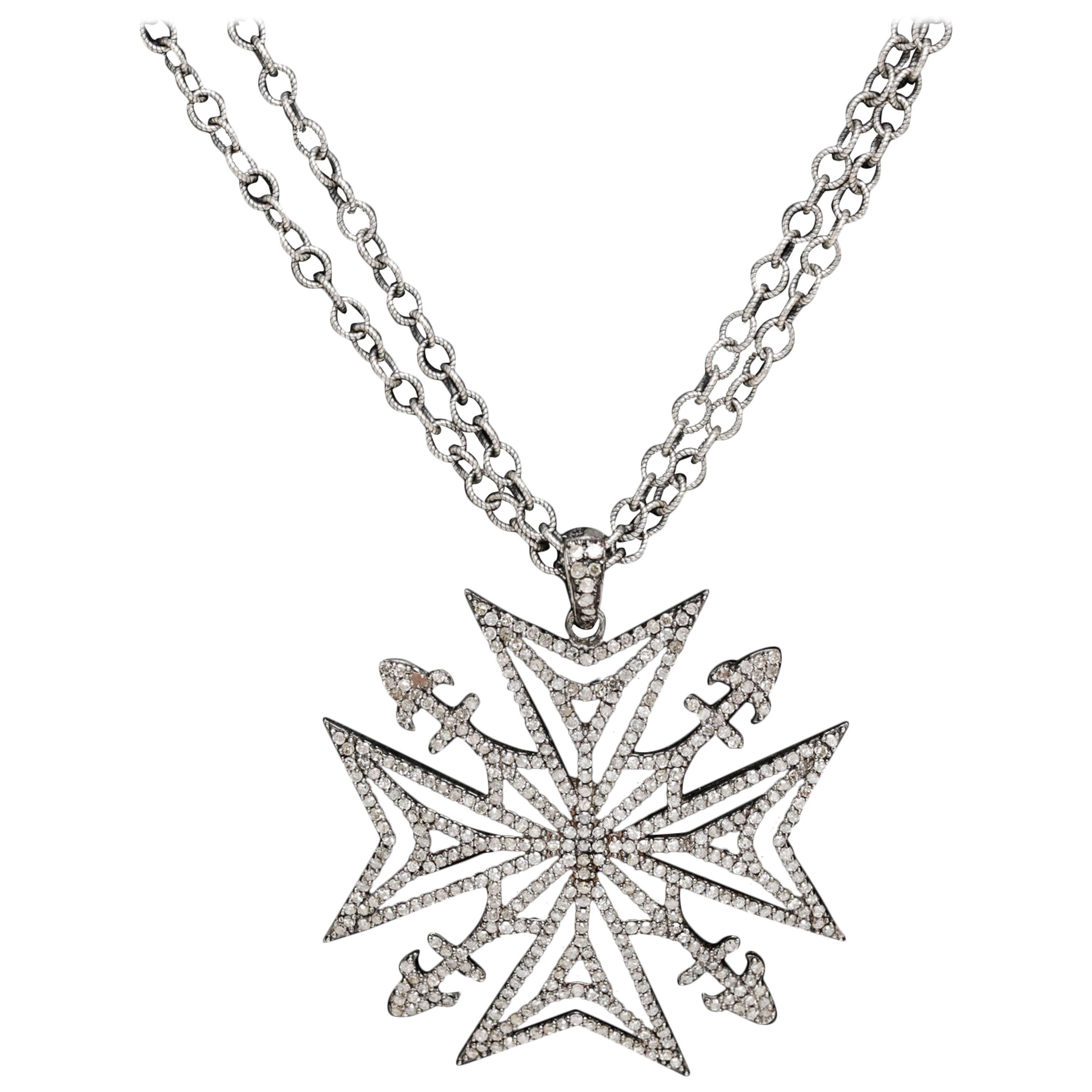 Julia Post Diamond Silver Maltese Cross Necklace For Sale