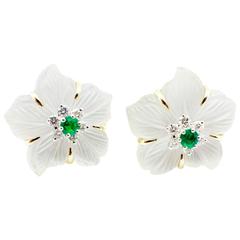 Vintage Seaman Schepps ​Signed Rock Crystal Emerald Diamonds ​Clematis Flower Earrings