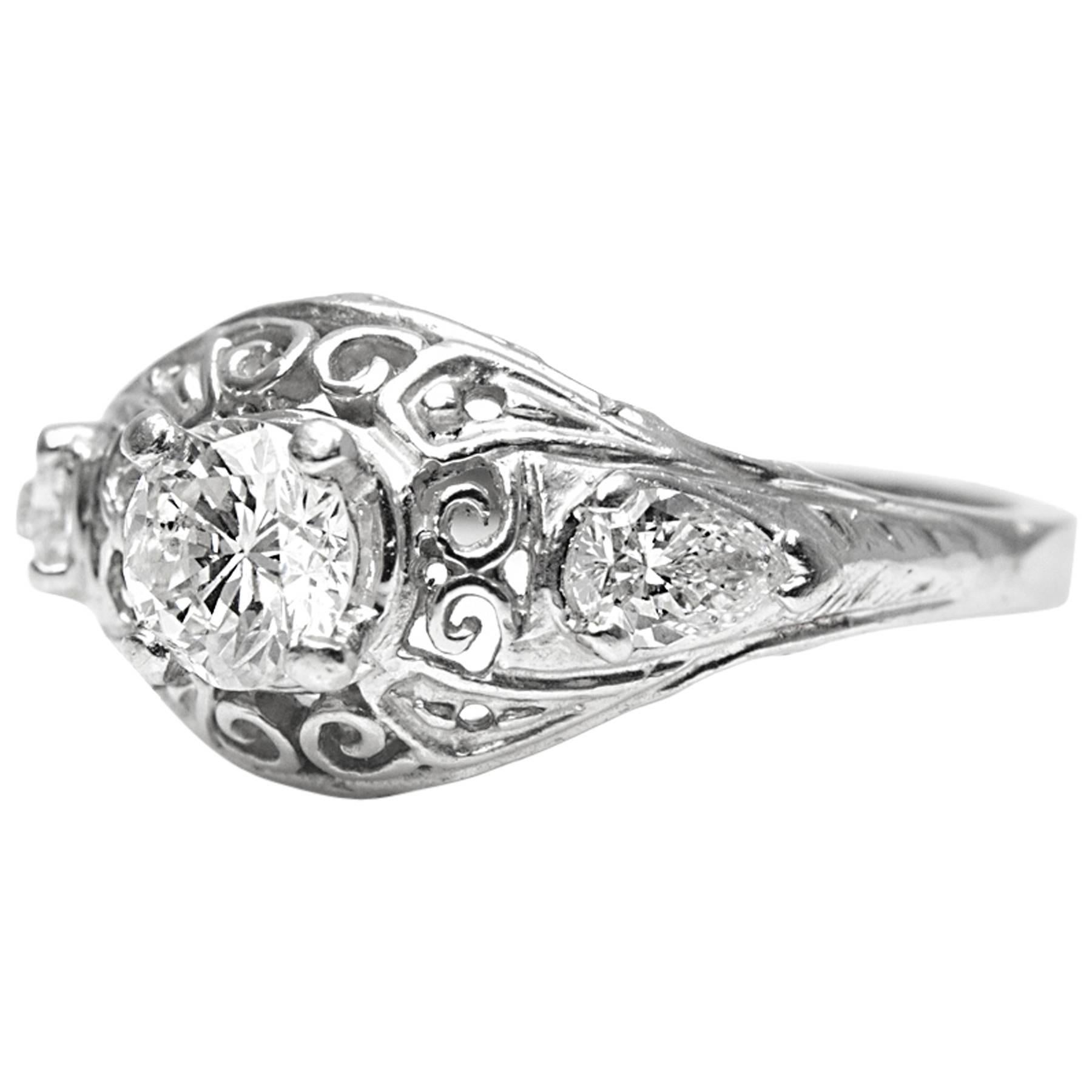 1930s Round and Pear Shaped Diamond Platinum Engagement Ring For Sale