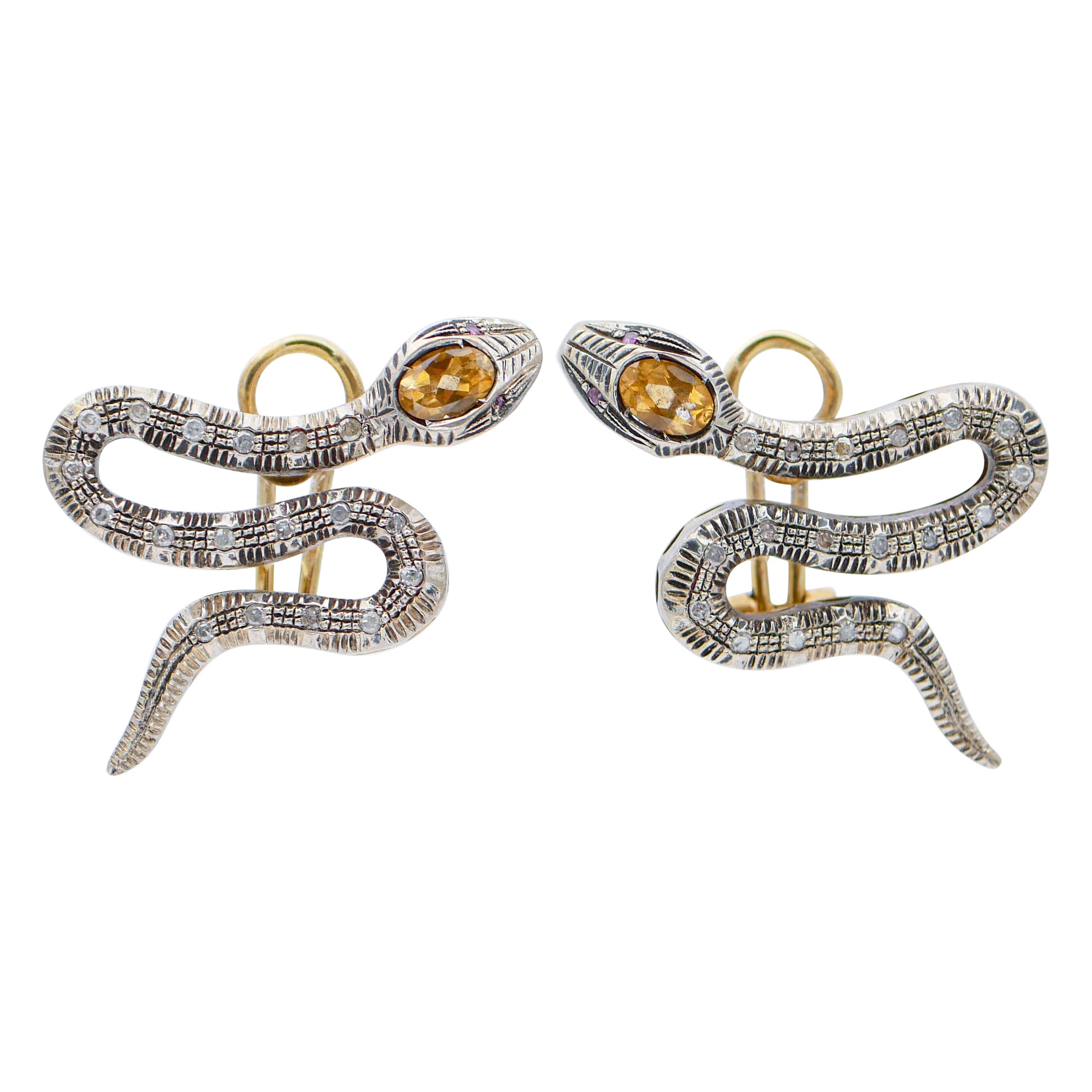 Sapphires, Diamonds, 18 Karat Rose Gold and Silver Snake Earrings For Sale