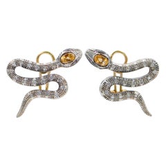 Vintage Sapphires, Diamonds, 18 Karat Rose Gold and Silver Snake Earrings