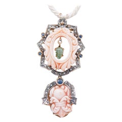 Vintage Pink Coral, Emerald, Sapphires, Diamonds, 14Kt Gold and Silver Pendant Neck