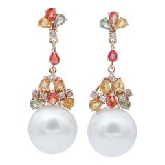 Vintage South-Sea Pearls, Multicolor Sapphires, Diamonds, 14 Karat Rose Gold Earrings