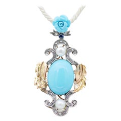 Turquoise, Sapphire, Diamonds Pearls, 14Karat Rose Gold and Silver Pendant Necklace