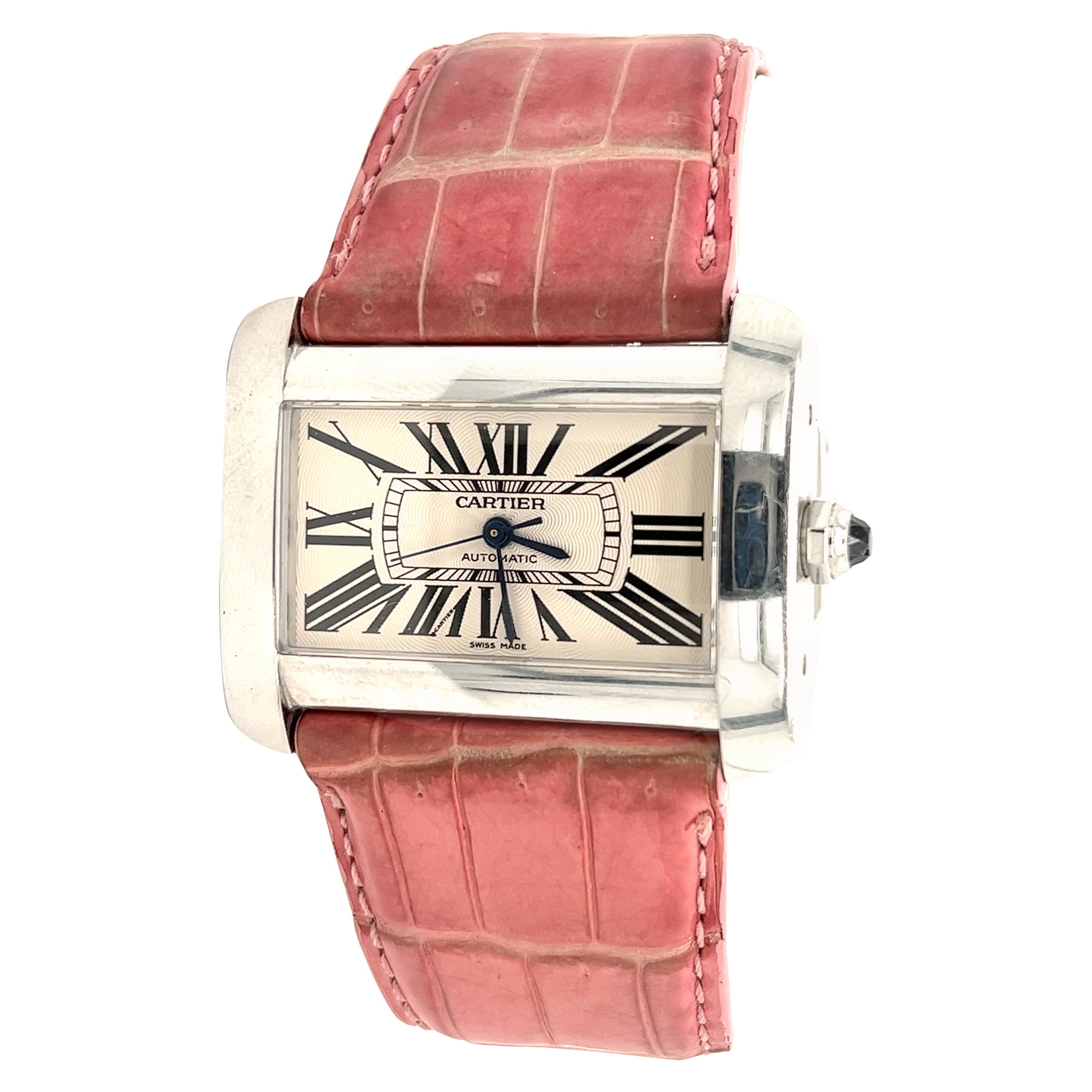 Vintage Cartier Divan 2612 Ladies Wrist Watch W/ Pink Leather Strap For Sale