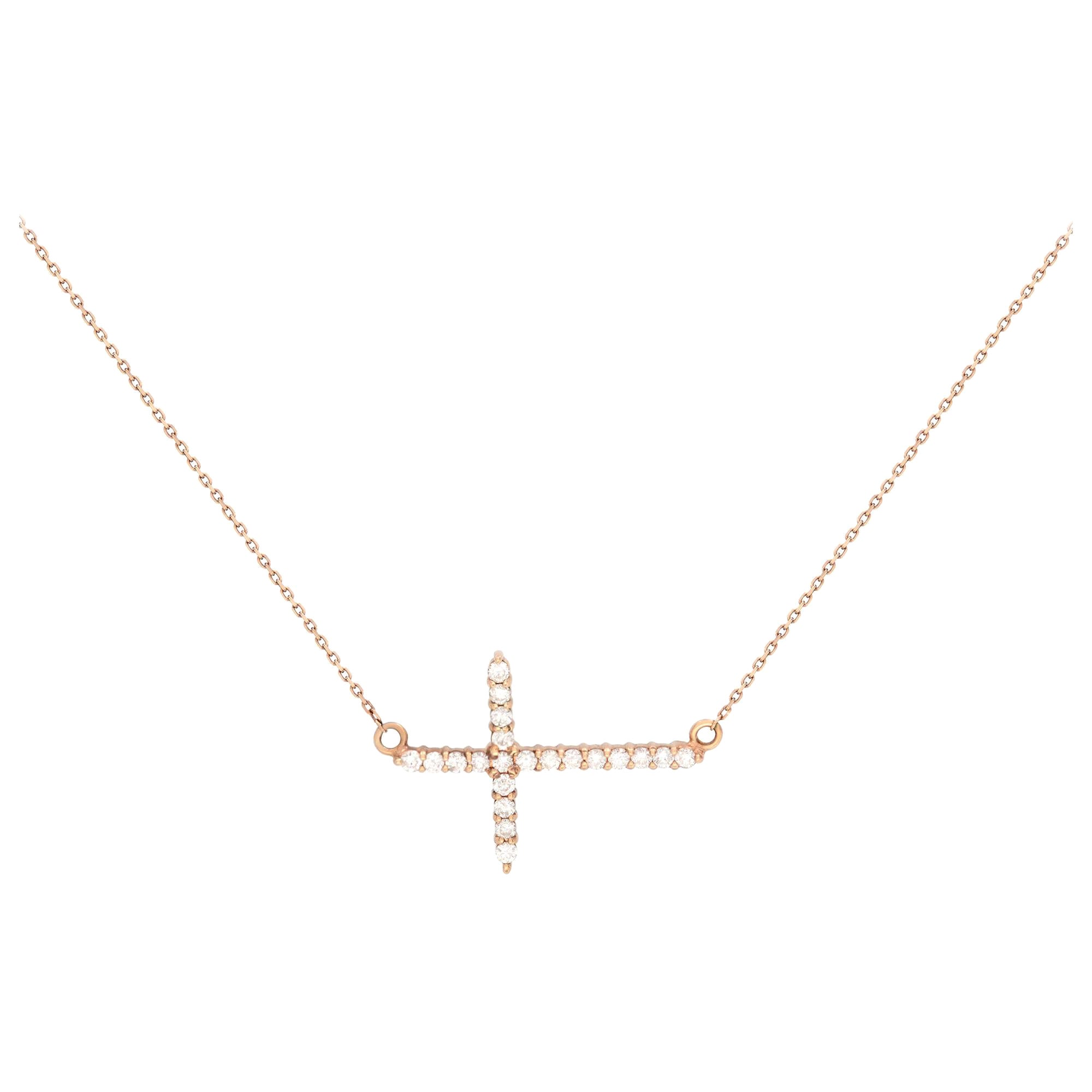 Rachel Koen 14K Rose Gold Diamond Ladies Side-Way Cross Necklace 0.28cttw