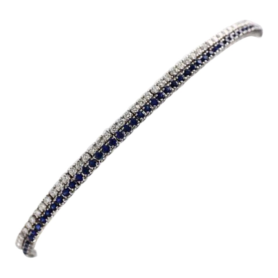Natural Blue Round Sapphire and White Diamond 3.49 Carat TW White Gold Bracelet