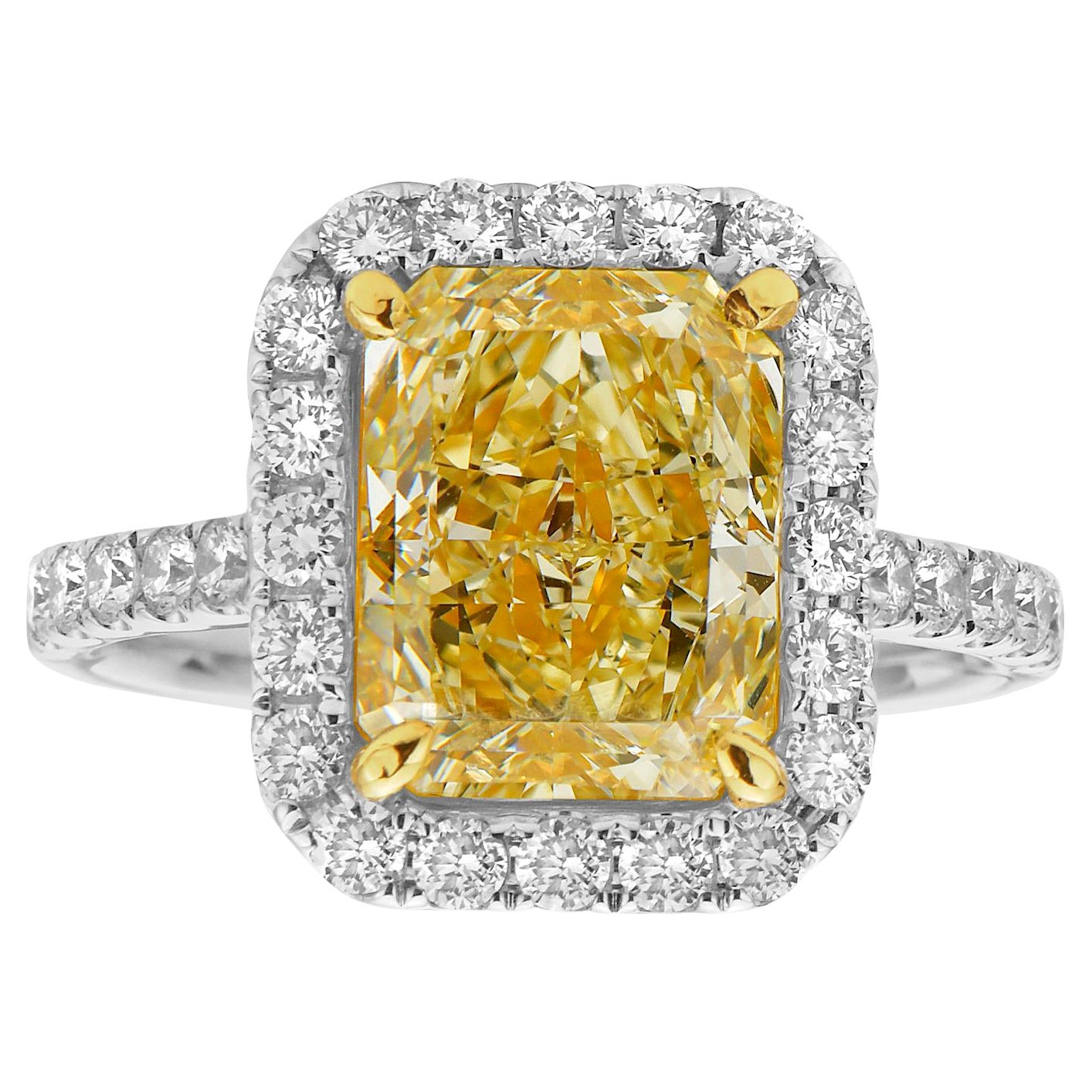 3.47ct Light Yellow Long Radiant VS GIA Halo Ring For Sale