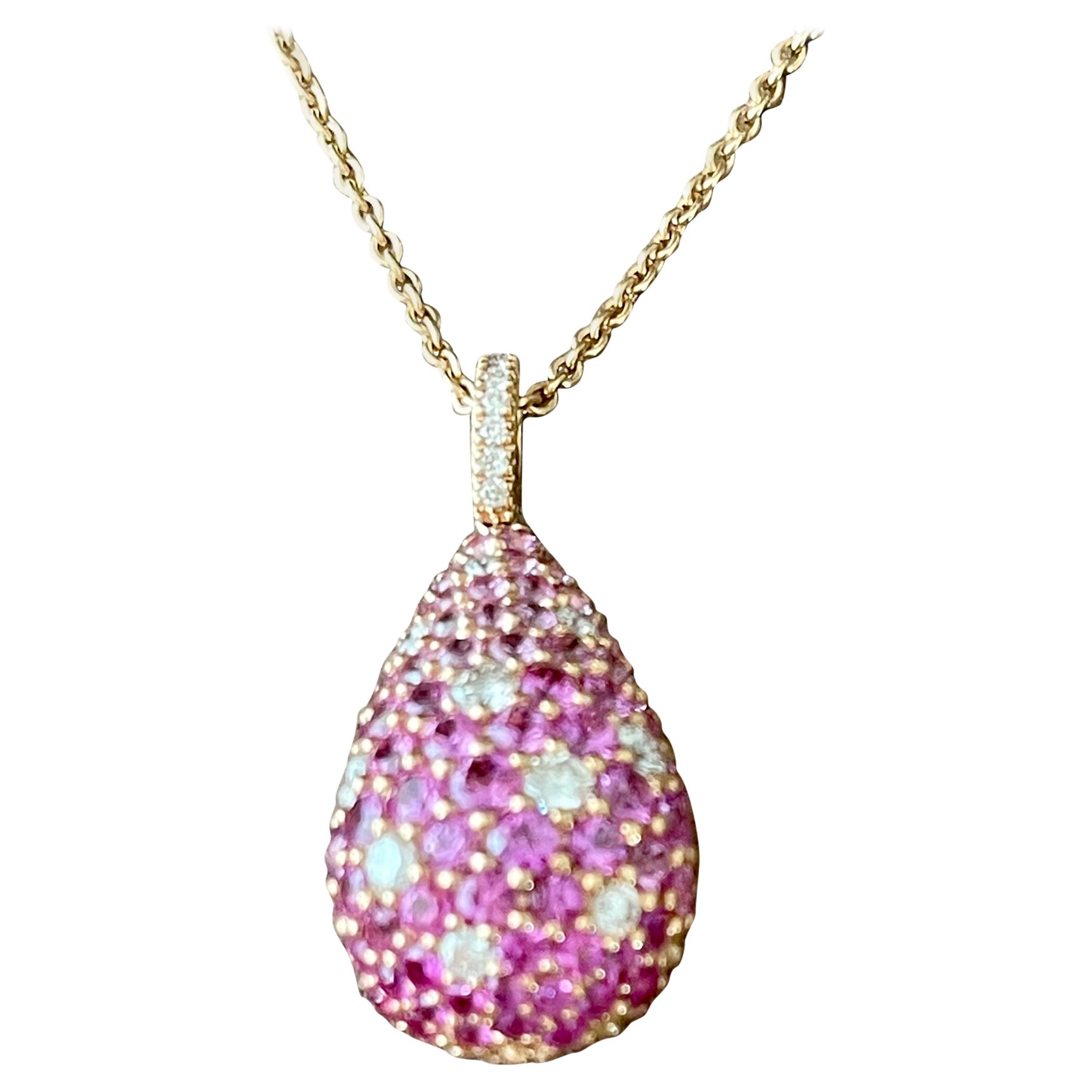 18 K Rose Gold Chain with Pendant Pink Sapphires Diamonds For Sale
