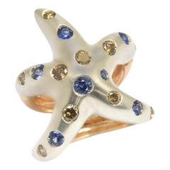 Blue Sapphires Brown Diamonds Silver 18 Kt Rose Gold Made in Italy Sea Star Ring
