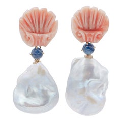 Coral, Sapphires, Baroque Pearls, 14 Karat Rose Gold Earrings