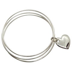 Tiffany Co Silver Trio Bangle Bracelet with Engravable Heart Charm, 24 Grams