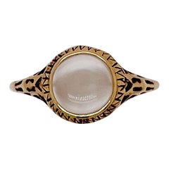 Antique Signed Edwardian Moonstone Cabochon & 14K Gold Filigree Signet Type Ring