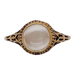 Antico anello firmato edoardiano con pietra di luna cabochon e filigrana d'oro 14 carati