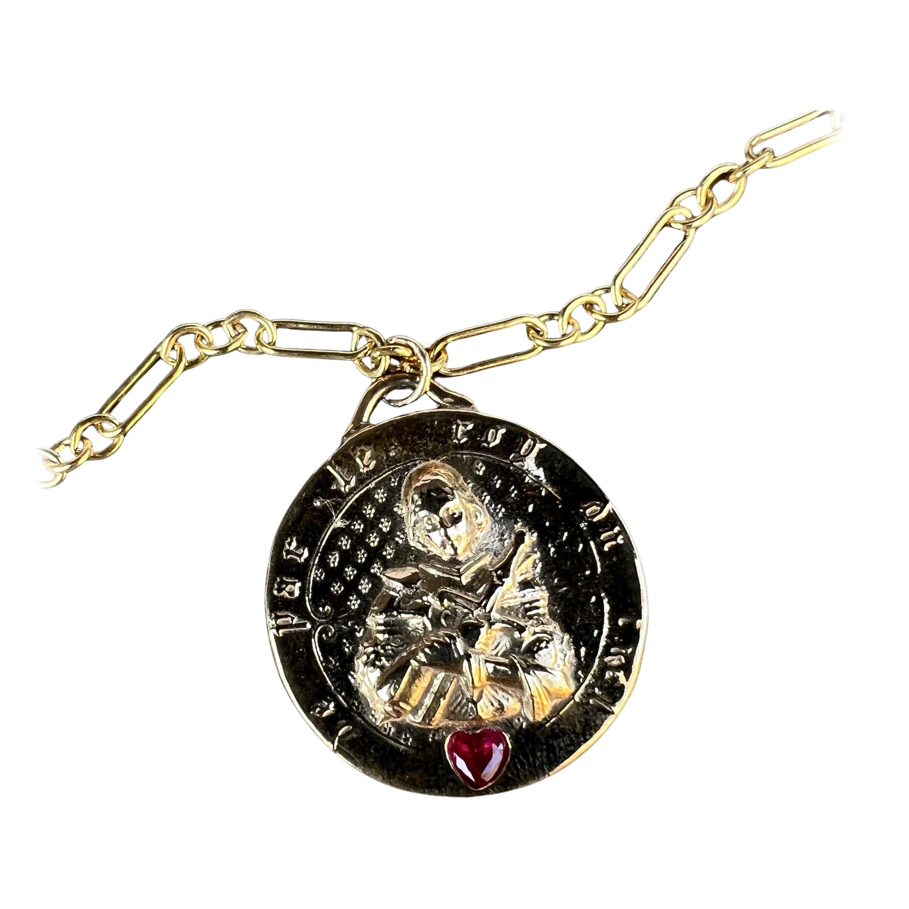 Chaîne collier pendentif Joan of Arc en bronze J Dauphin avec médaille en forme de cœur et rubis