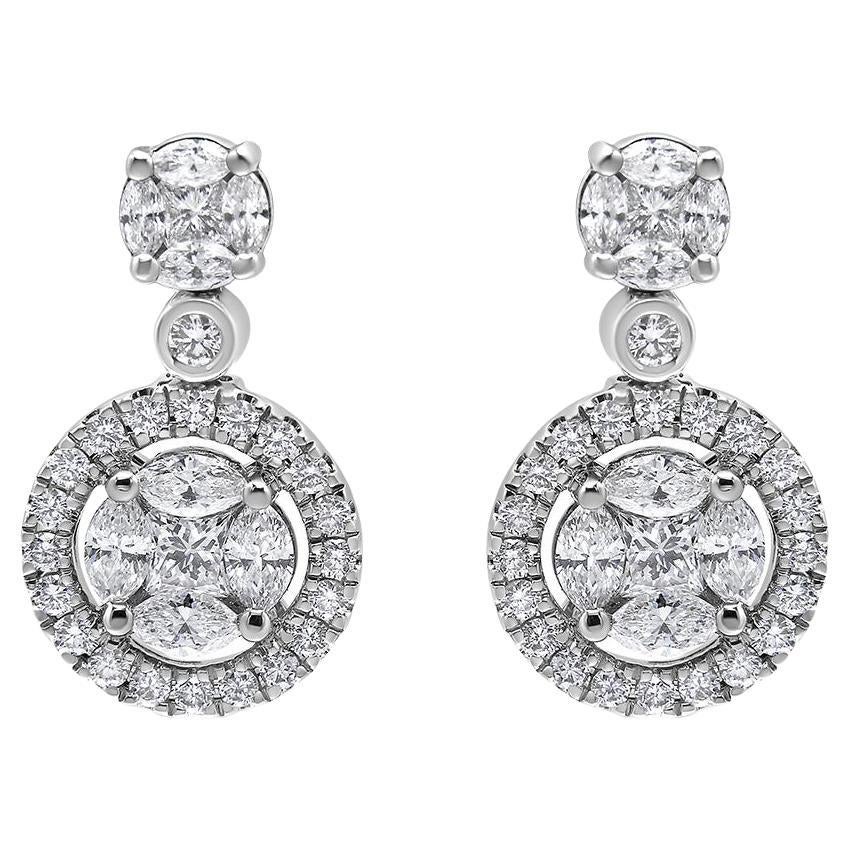 18K White Gold 2.0 Cttw Round Shape Diamond Composite Halo Dangle Stud Earring For Sale