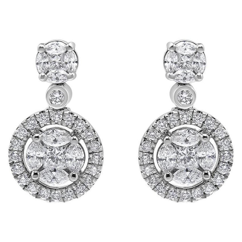 18k White Gold 2.0 Cttw Round Shape Diamond Composite Halo Dangle Stud Earring For Sale