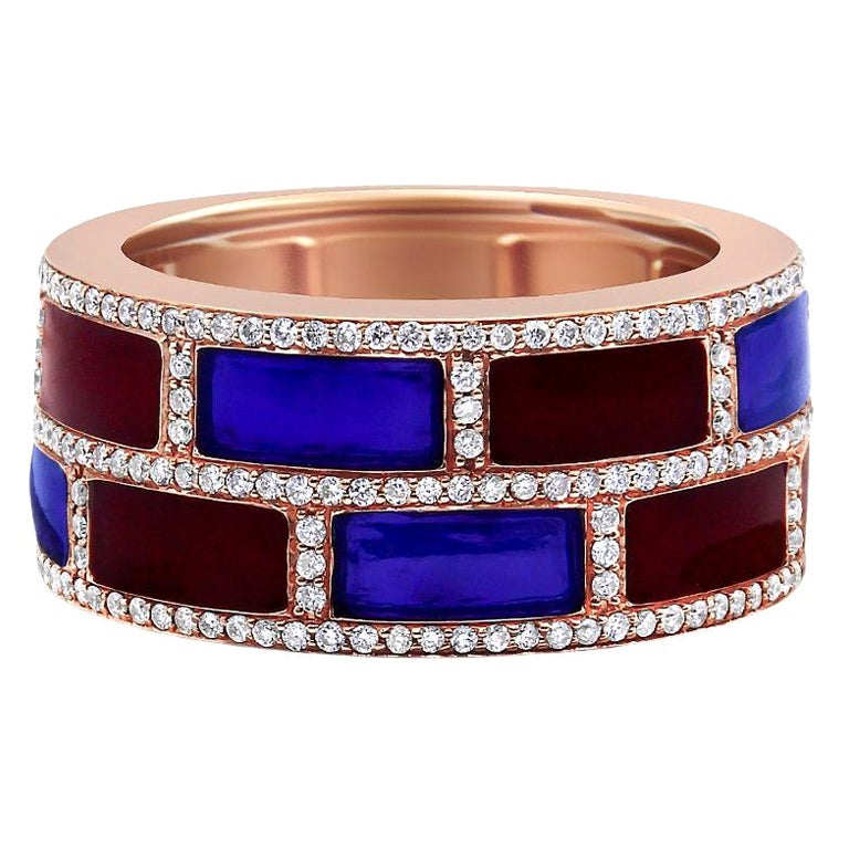 18K Rose Gold Alternating Red & Blue Enamel & 1/2 Cttw Diamond Studded Band Ring For Sale