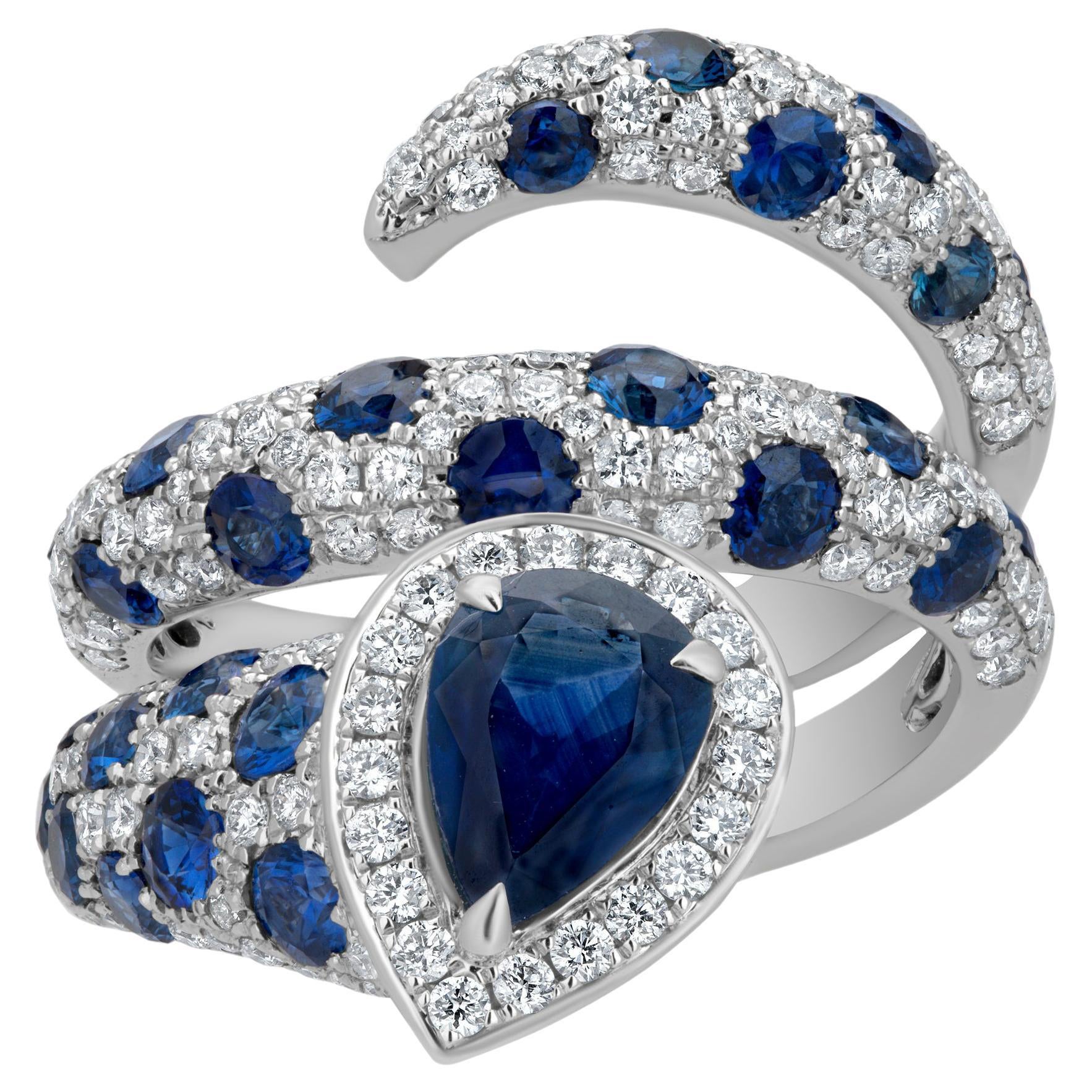 Nigaam 4.49 Cttw. Diamond and Blue Sapphire Swirl Ring in 18K White Gold For Sale