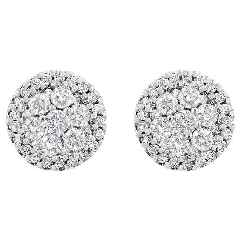 AGS Certified 14K White Gold 1.0 Carat Diamond Halo-Style Cluster Stud Earrings For Sale