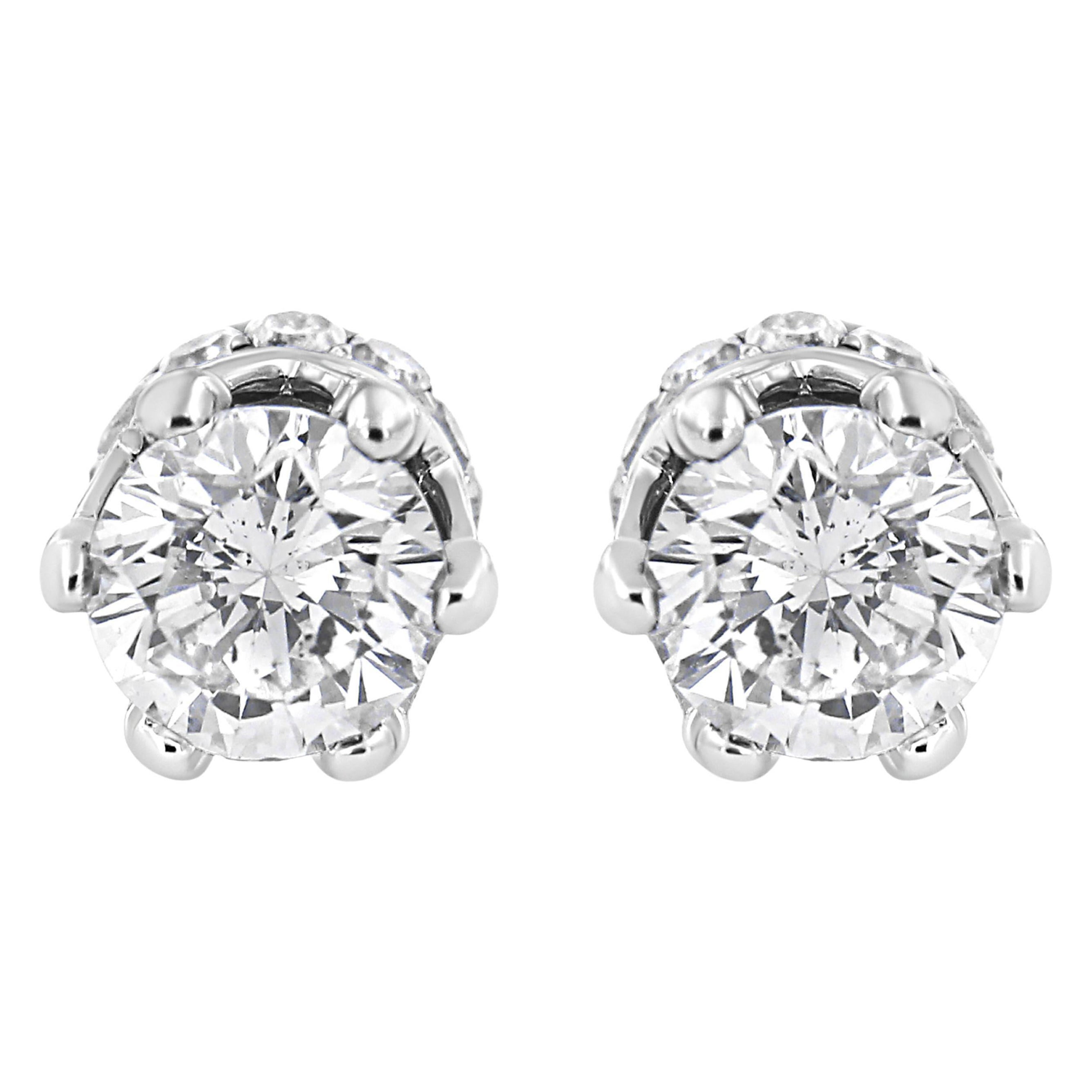 14K White Gold 2.0 Carat Round Cut Prong-Set Diamond Crown Stud Earring For Sale