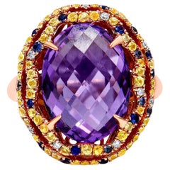 18K Two-Tone Gold Purple Amethyst, Blue & Yellow Sapphire, Diamond Cocktail Ring