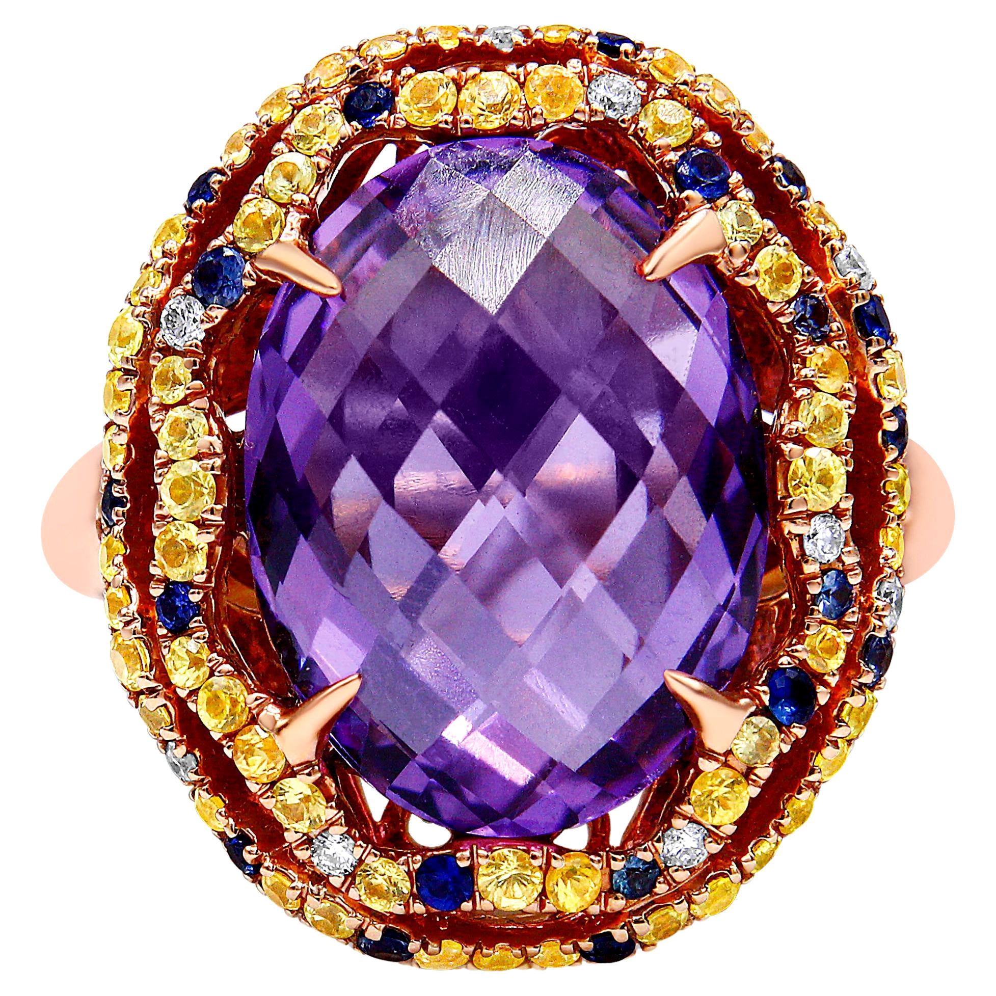 18K Two-Tone Gold Purple Amethyst, Blue & Yellow Sapphire, Diamond Cocktail Ring For Sale