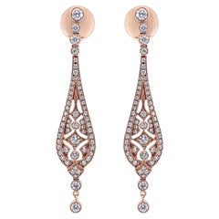 Boucles d'oreilles en or rose 18 carats, 1 3/4 ct, bordées de diamants, style art déco vintage, avec pendentifs.