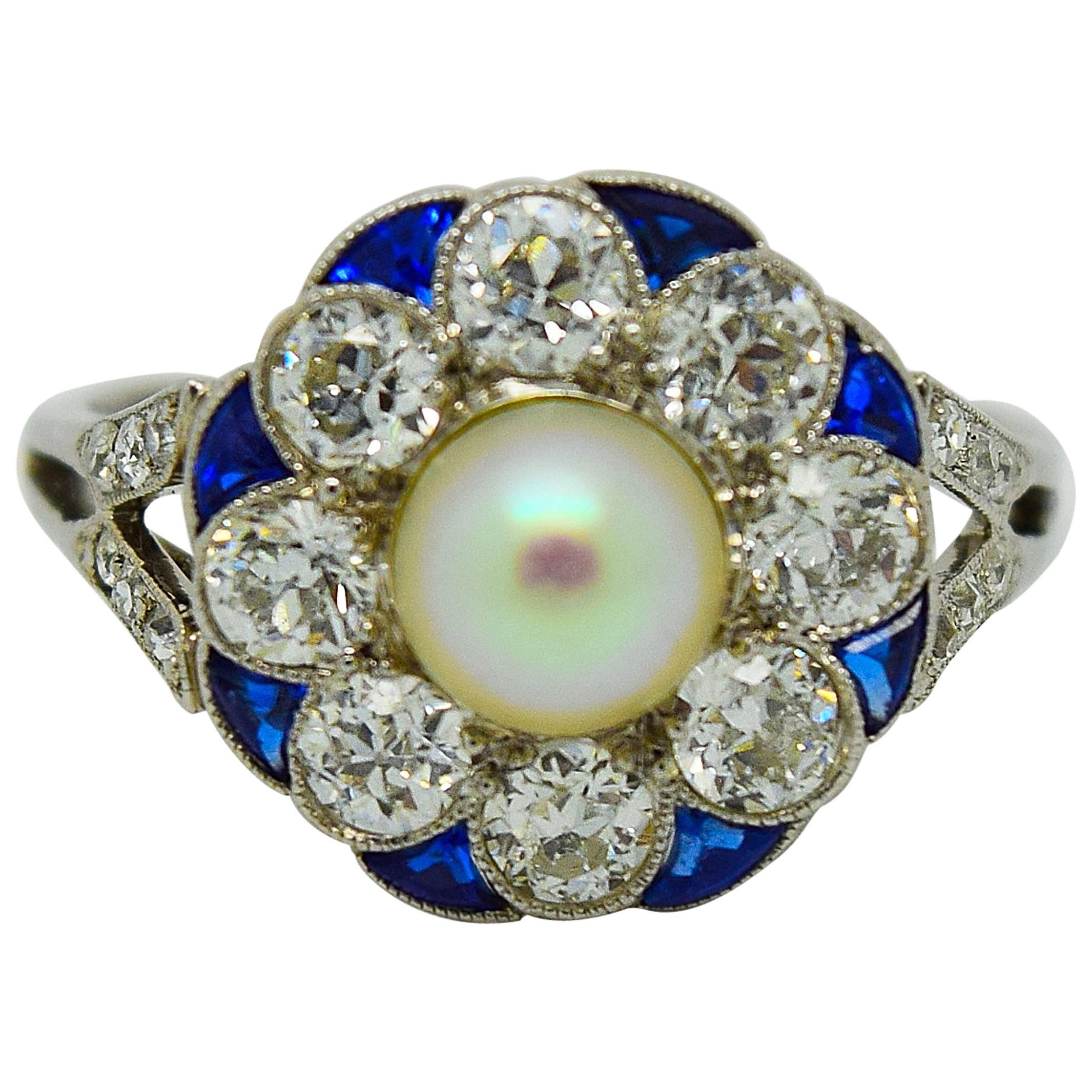 Exquisite Art Deco Diamond Sapphire Pearl  Ring For Sale