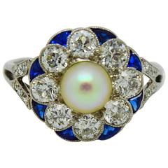 Exquisite Art Deco Diamond Sapphire Pearl  Ring